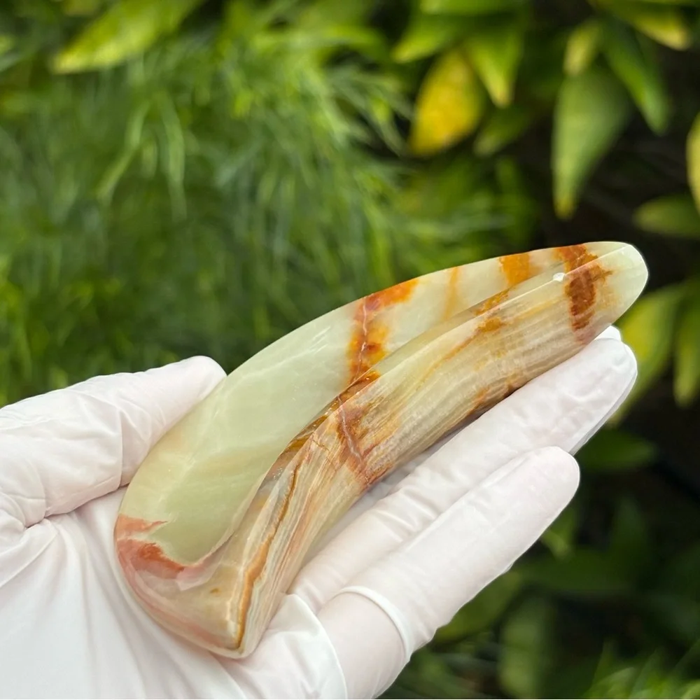 Green Banded Calcite Moon Shaped Crystal Dish / Plate - Trade Name: Green Onyx
